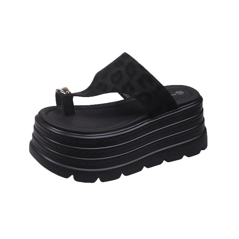 

Summer leopard print muffin set toe slippers 2025 new metal thick bottom outer wear Korean version of fashion beach cool slippers women 34 чорний