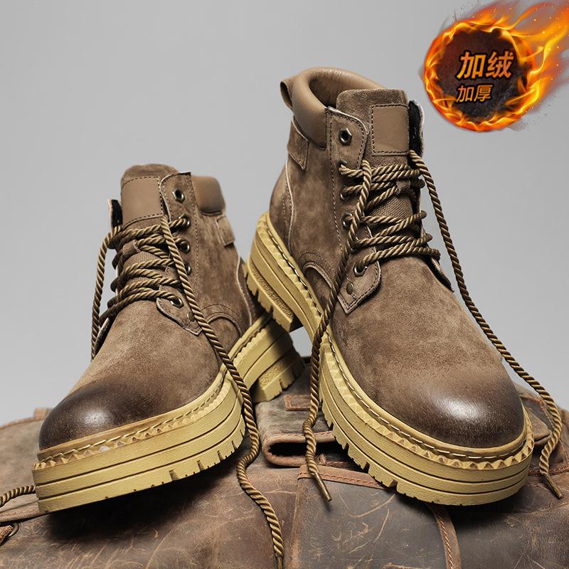 Martin Boots Men's Autumn British Retro Leather Heightening Locomotive Leather Boots Sports Big Head High Top Boots Velvet