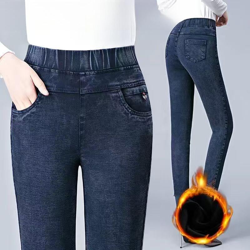 High-Waisted Elastic Plus-Size Pencil Pants for Middle-Aged Women – Spring/Autumn Imitation Denim Leggings