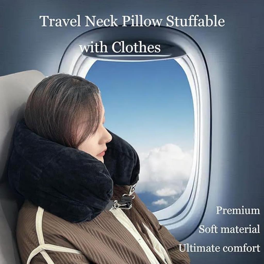 Travel Pillow For Extra Luggage Stuffable Neck Pillow with Adjustable Neck Size Fits 3+ Days of Travel Essentials