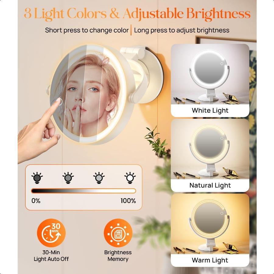 7 Wall Mounted Makeup Mirror with Powerful Suction Cup Double Sided 1X 10X Magnification 3 Color Lights and Adjustable Brightn