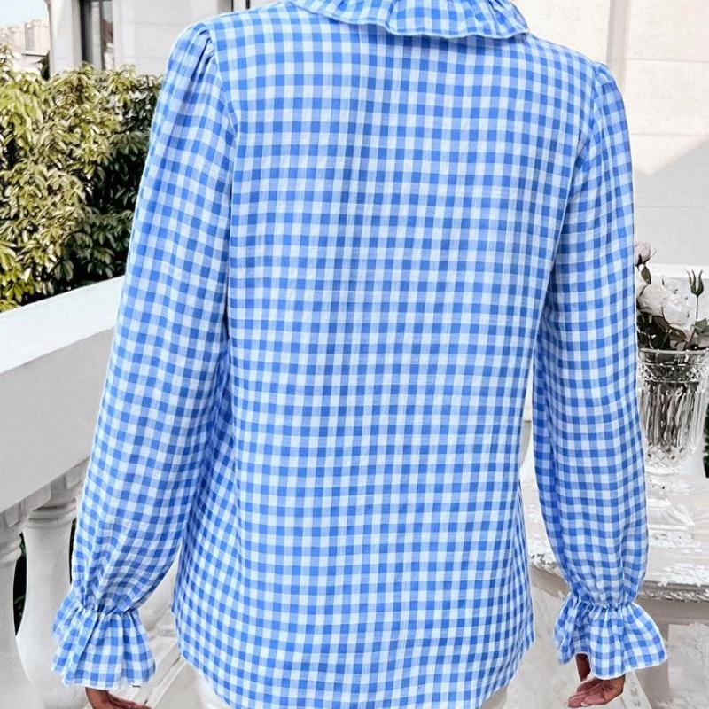 Women's Winter Tops Women's French Plaid Ruffle Button Blouse
