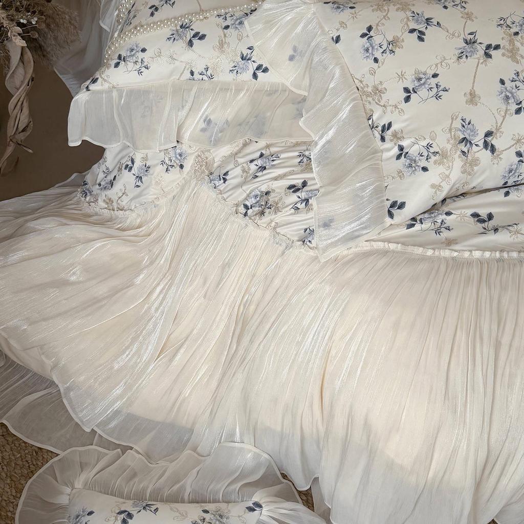 French Floral Lace Cotton 4-Piece Bedding Set