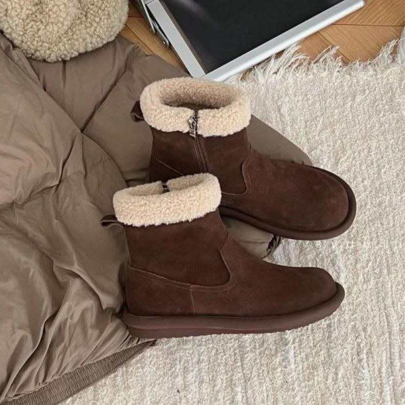 Leather Snow Boots Wool Mouth Short Boots Women's Autumn and Winter Fleece Cotton Boots Side Zipper Retro Flat Boots