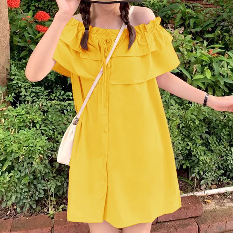 VONDA Dámské letní šaty s odhalenými rameny, jednobarevné, s volánky, s krátkým rukávem, áčkového střihu