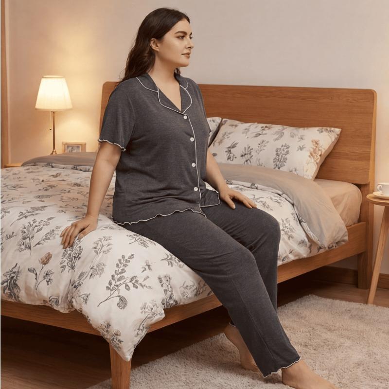 YYFS Women's Fashion Spring Summer Solid Color Print Short Sleeve POLO Neck Casual Pajama Set