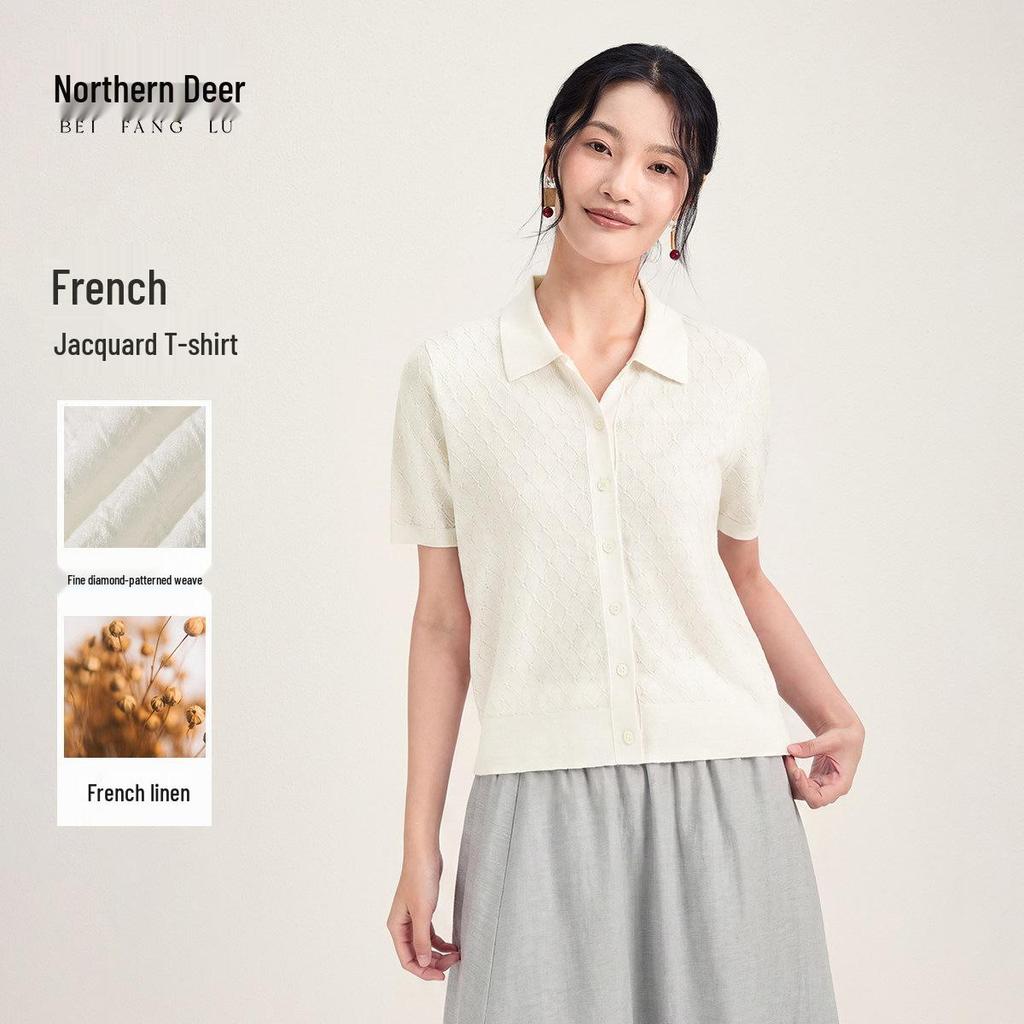 Women's Short Sleeve French POLO Collar Diamond Jacquard Knit Top - 54.7% Wool, 45.3% Linen