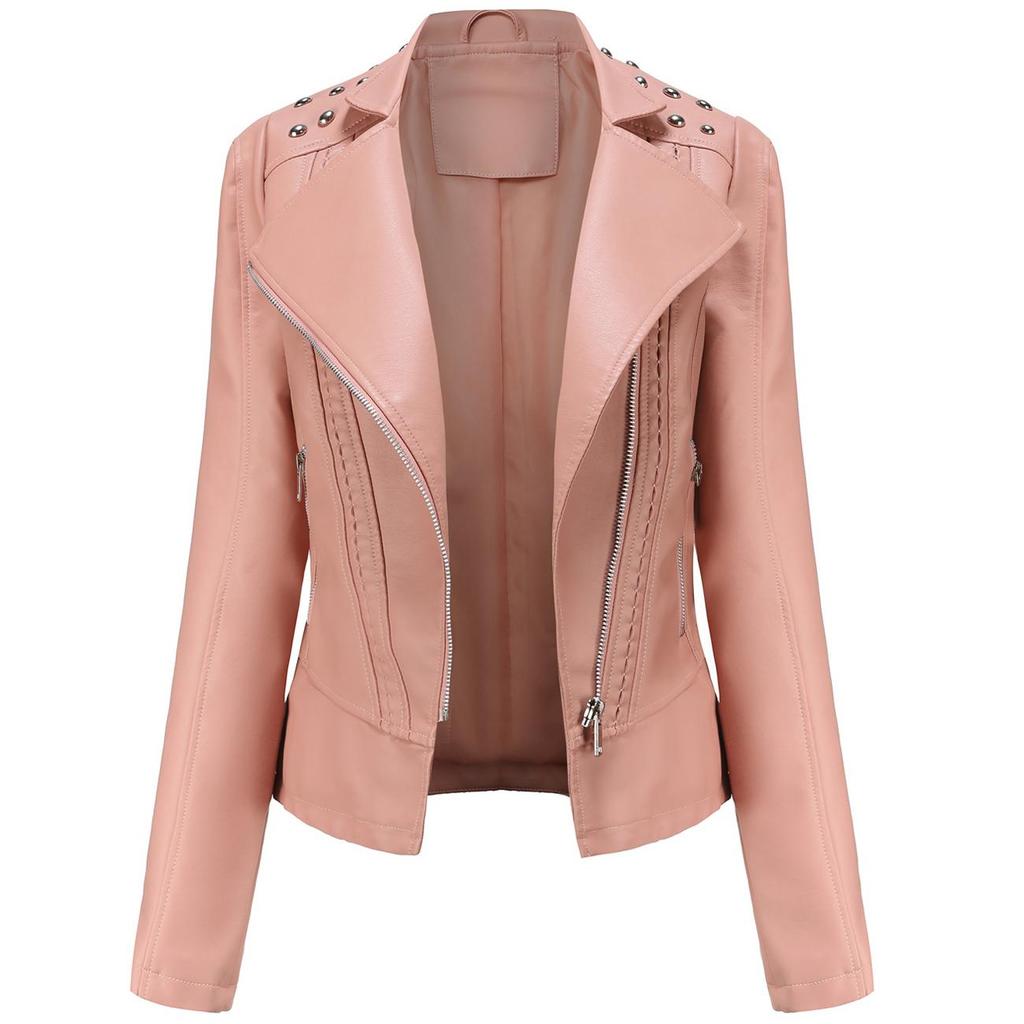 Women Faux Leather Jacket Moto Biker Short Coat PU Motorcycle Racer Lapel Collar Crop Blazer Punk Rock Stylish Outwear with Rivets Fashion Tops Outfit