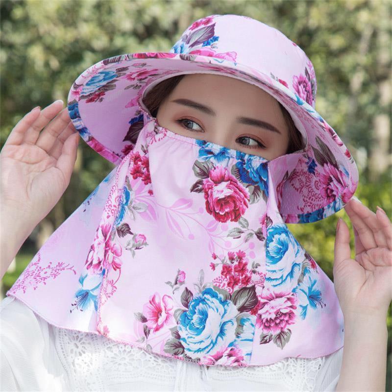 Women Sun Hat Outdoor Cycling Face Neck Protection Hat Dome Big Brim Breathable Hat Floral Tea