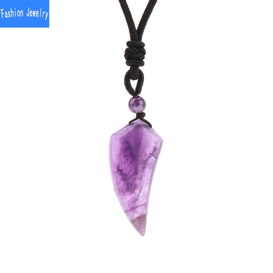 Collar con colgante minimalista bohemio hecho a mano de amatista diente de lobo - Talismán protector de cristal natural con cordón trenzado para hombres y mujeres