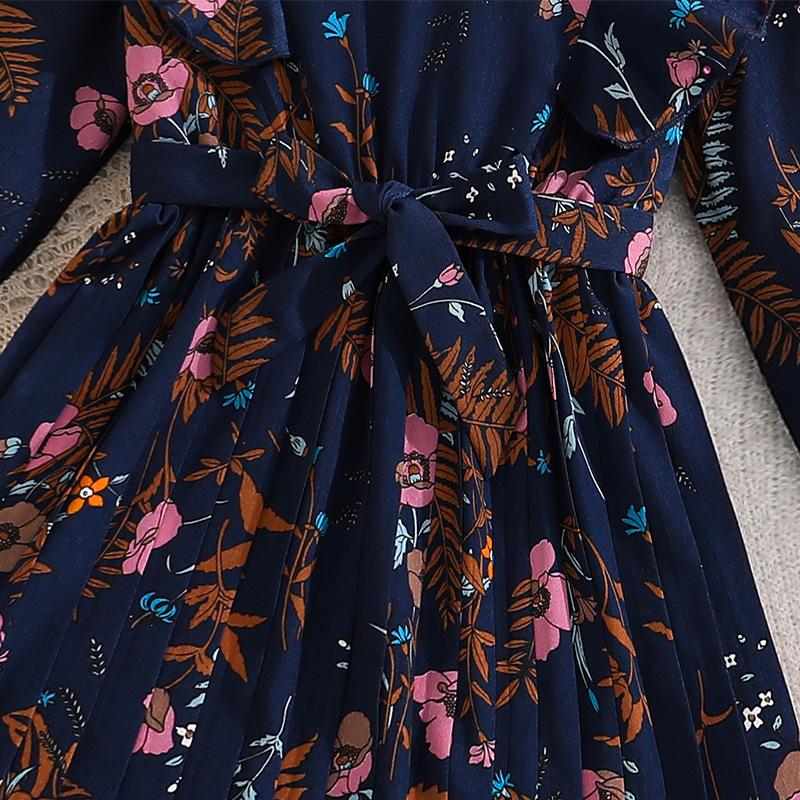 Girls' Vintage-Style Dress Spring Children's Elegant Print Long-Sleeve Ruffled Pleated Dress