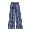 Women's Blue Plaid High-Waist Wide-Leg Summer Pants: New 2026 Fashion, Casual, Floor-Length Drape Design.