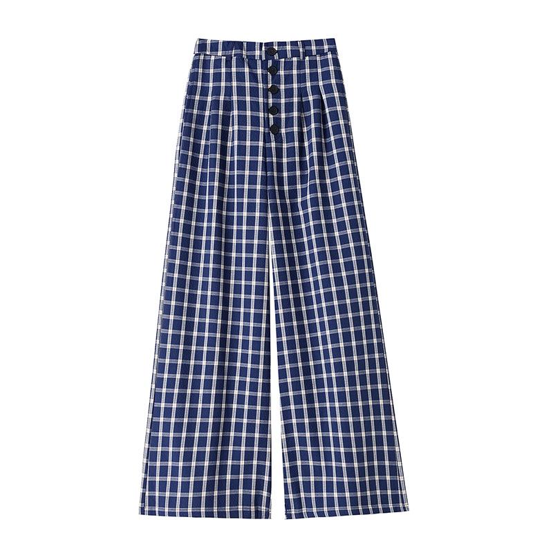 Women's Blue Plaid High-Waist Wide-Leg Summer Pants: New 2026 Fashion, Casual, Floor-Length Drape Design.