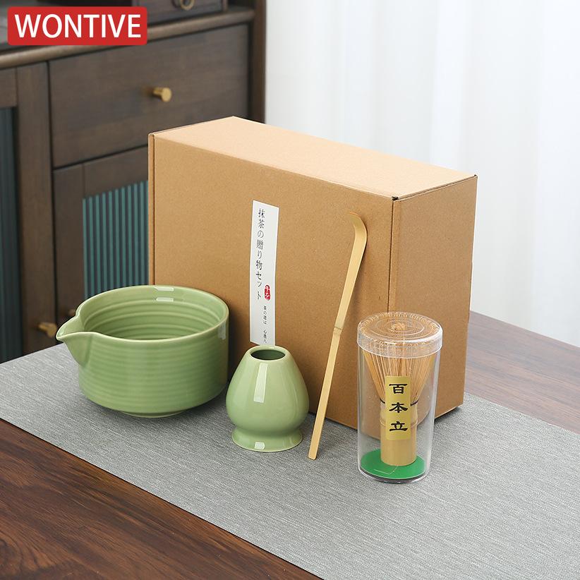 4Pcs Matcha Whisk Set Elegant Matcha Tea Set Ceramic Bowl Teaspoon Whisk Holder Powder Box Spoon Holder Tea Cloth Tea Sieve