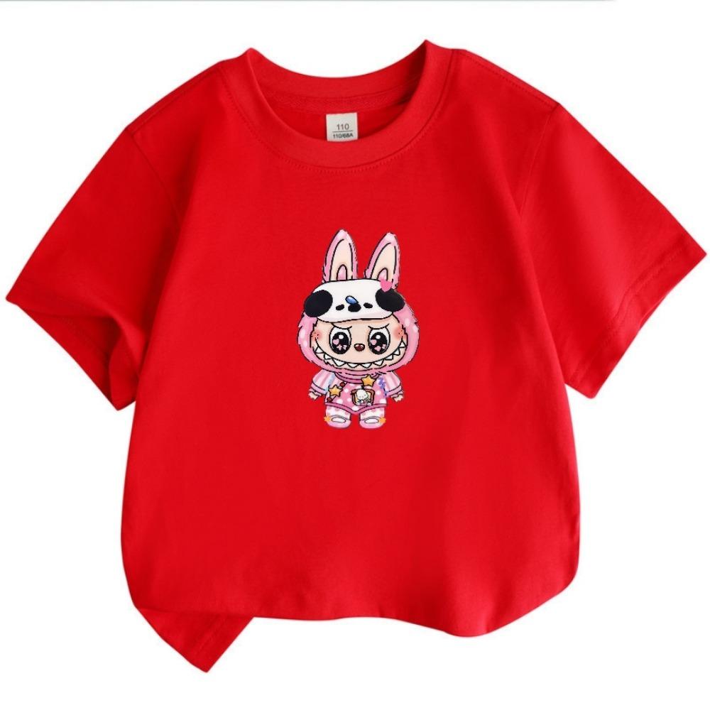 2025 Popular Children's Clothing Short Sleeved LABUBU Wearing Pajamas Pattern Round Neck T-shirt Cartoon Style Girl's Top