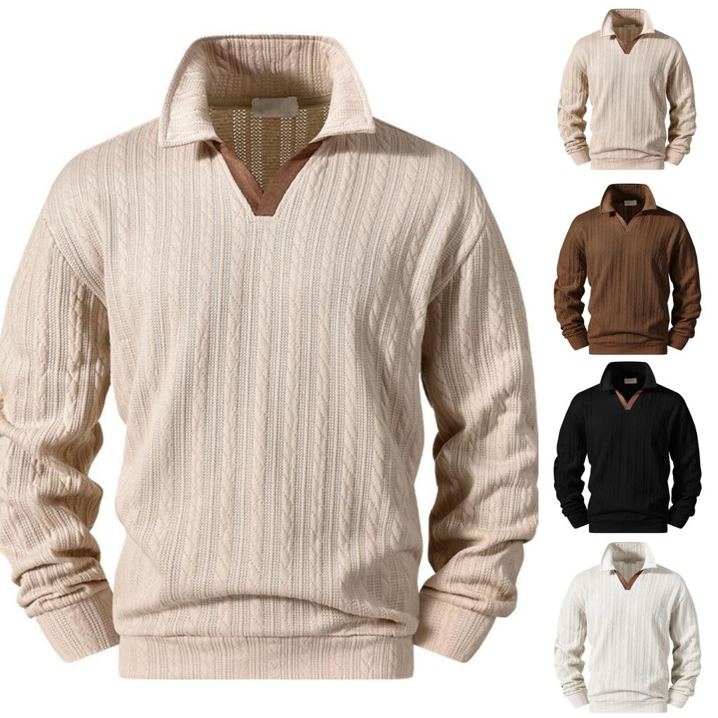 Men's Color-Block Long Sleeve Sweater, Loose Fit Casual Retro V-Neck with Collar, Thick Warm Top
