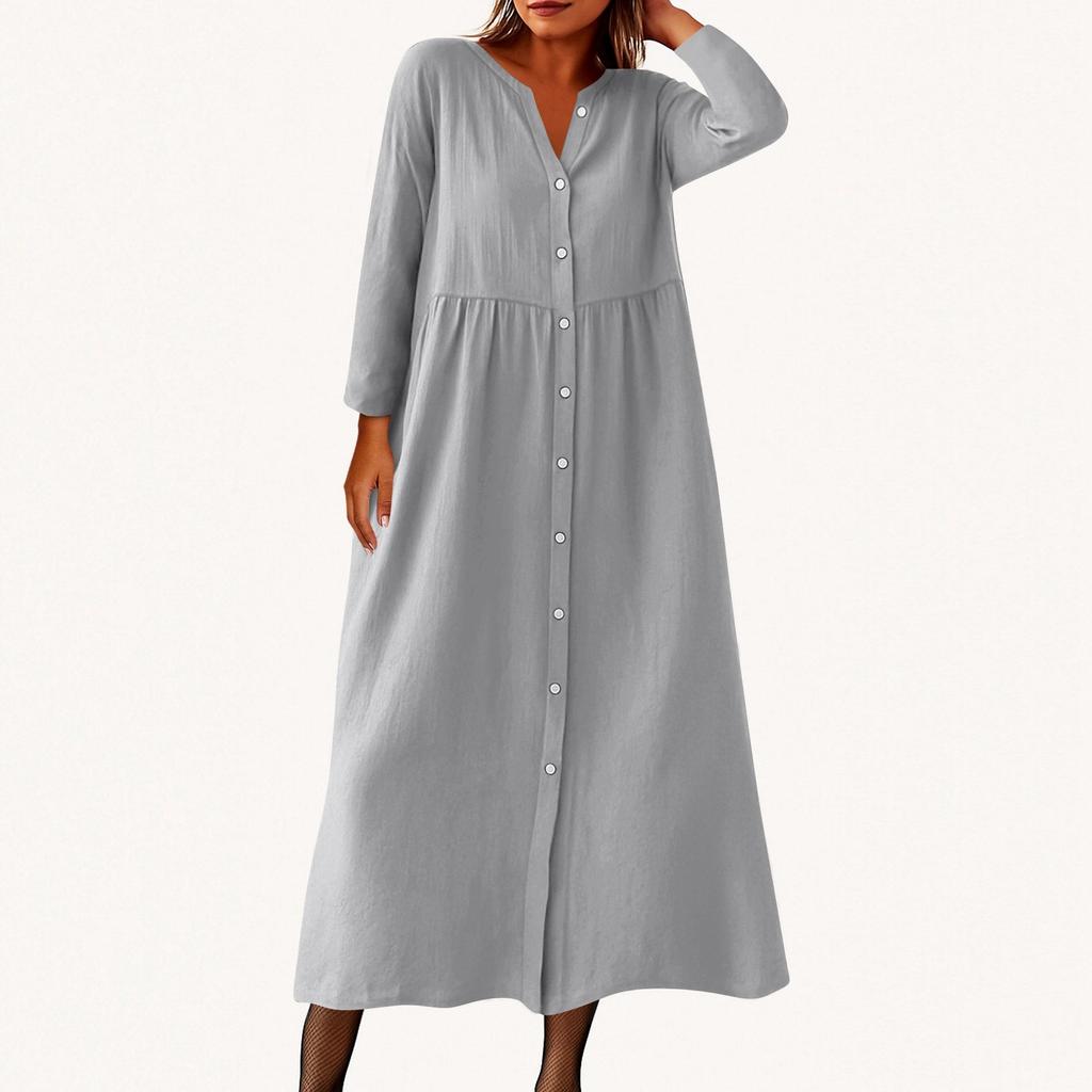 Women's Fashionable Solid Color Round Neck Seven Quarter Sleeve Button Loose Shirt Dress