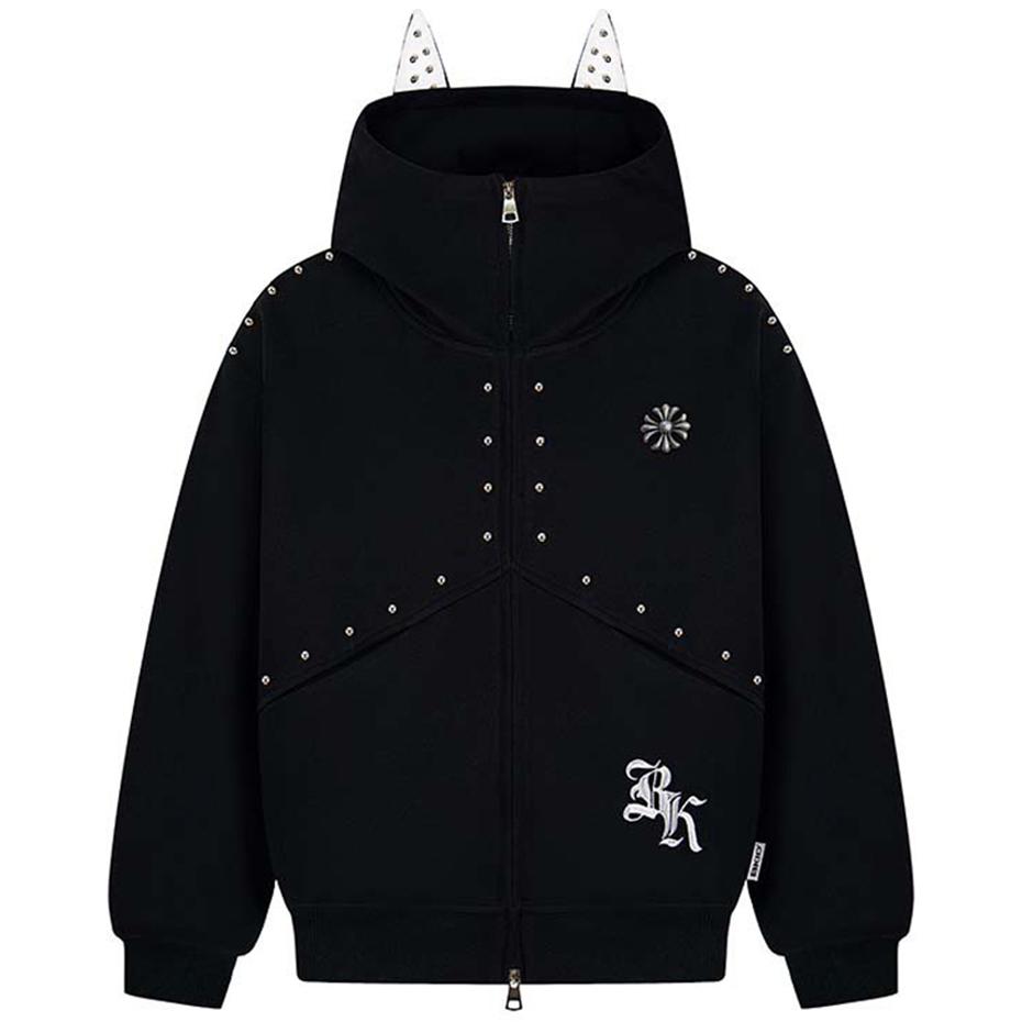 

2KWEIRD Толстовки в стиле пэчворк с заклепками, повседневные свободные толстовки с капюшоном, куртки, уличная одежда Харадзюку, оверсайз, хип-хоп толстовки M чёрный