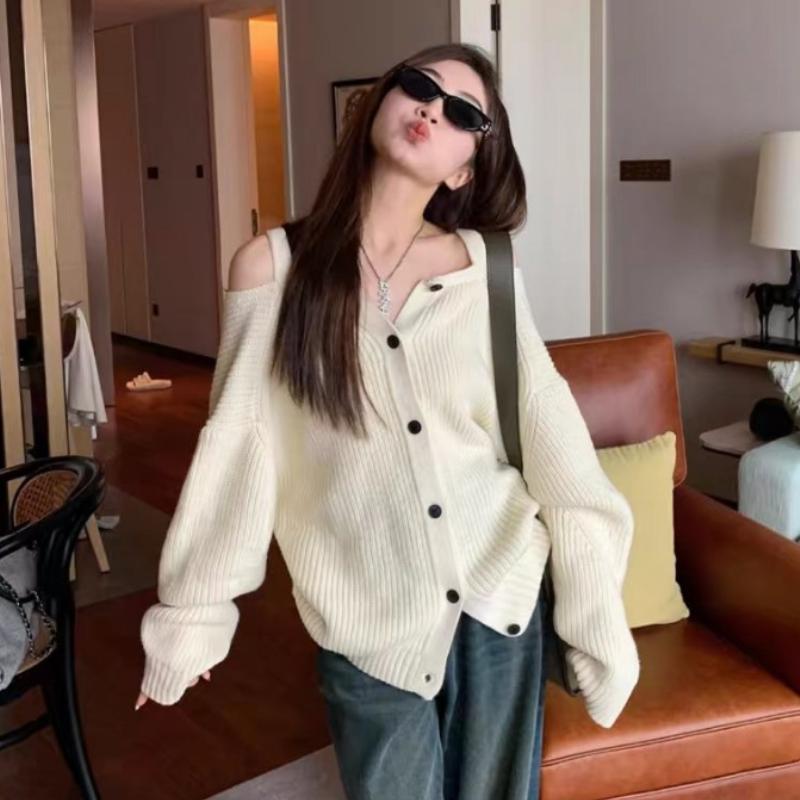 

Осенний новый повседневный вязаный свитер с открытыми плечами, женская зимняя одежда, модный облегающий свободный кардиган для женщин, элегантные теплые женские кардиганы 24758 One Size белый