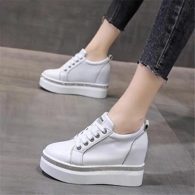 Fashion Plus Size 40 Women Wedge Sneakers Side lace-up PU Leather Casual Flat Shoes Sequins Thick Bottom White Shoes Internal Heighten