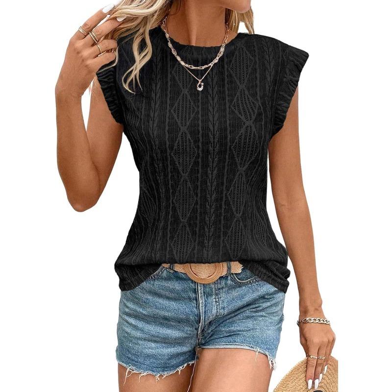 Women Casual Loose Round Neck Jacquard Short Sleeve Geometric T Shirt Vest S чёрный