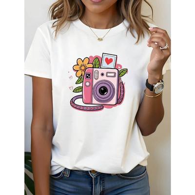 T-shirt Graphique Mignon Appareil Photo, Manches Courtes Col Rond Haut Décontracté pour l'Été et le Printemps, Vêtements pour Femmes