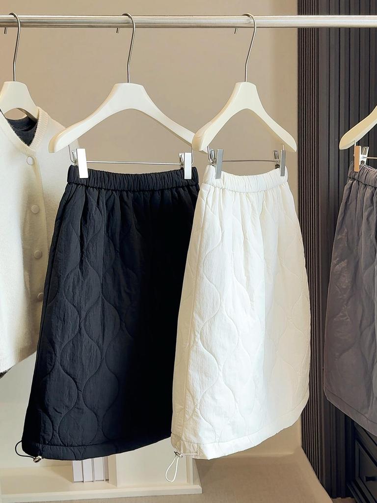 Korean High-End Quilted A-Line Midi Skirt for Women 2025 Autumn/Winter Gourd Stitching Elastic Waist