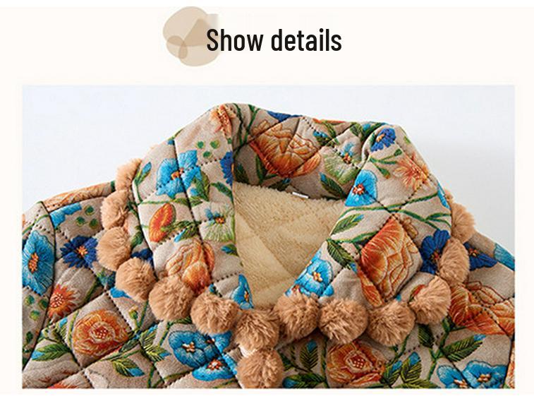 2025 Winter Stylish Floral Velvet-Lined Mid-Length Cotton Coat for Women - Elegant and Warm Autumn/Winter Outerwear