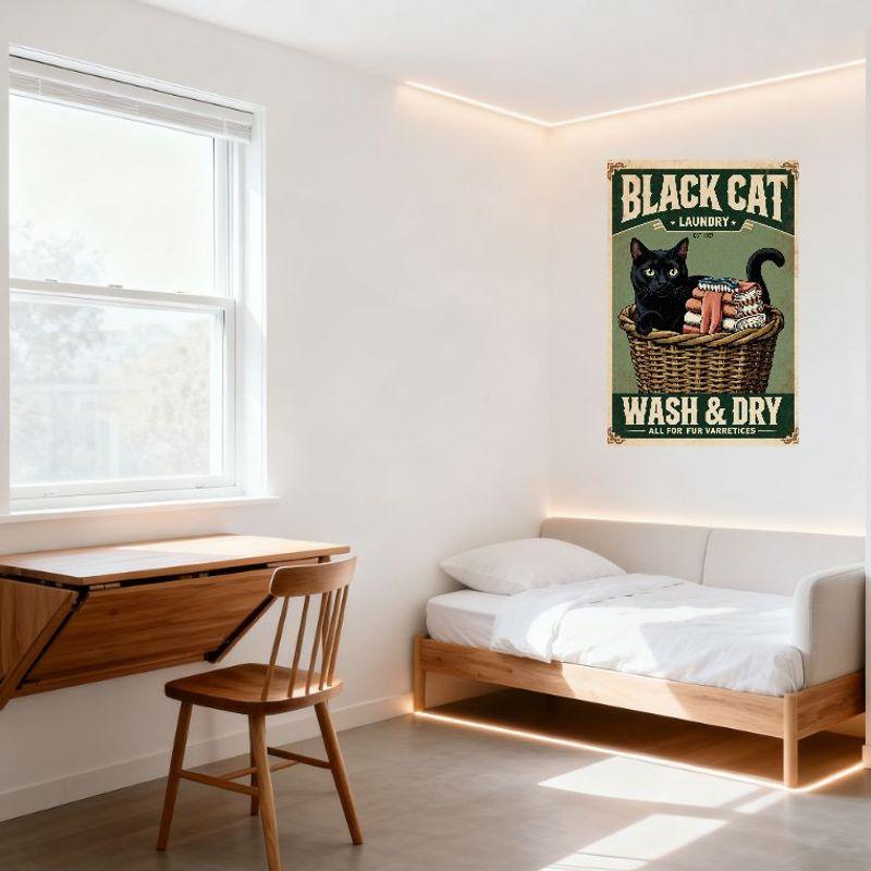Vintage Black Cat Laundry Metal Tin Sign 1927 WASH & DRY Wall Decor for Home Bar Cafe Man Cave, Retro 1920s-30s Style with Cat &