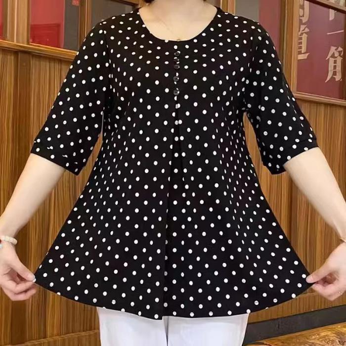 2023 Summer Trendy Mid-Sleeve Polka Dot Round Neck Korean Plus Size Top