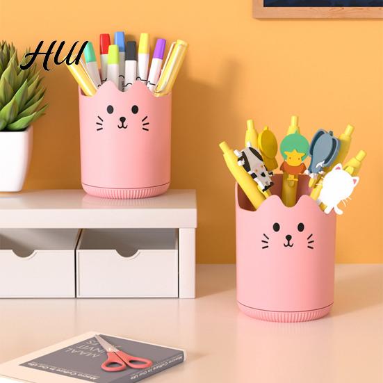 Large Capacity Pen Organizer Holder 360 Degree Rotating Cat Pattern Transparent Stand Design Stationery Desk Accessory