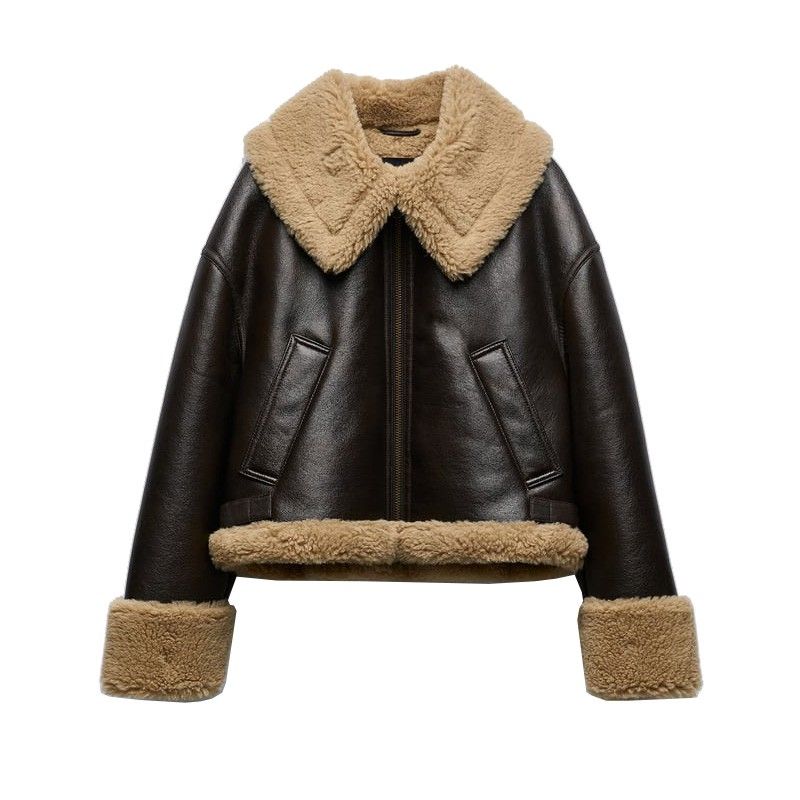 

Короткая свободная куртка из кожи и меха, коричневая Brown XL