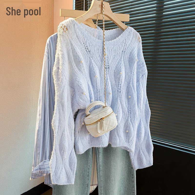 

Women s Round Neck Cable Knit Sweater with Beaded Hollow Details One Size