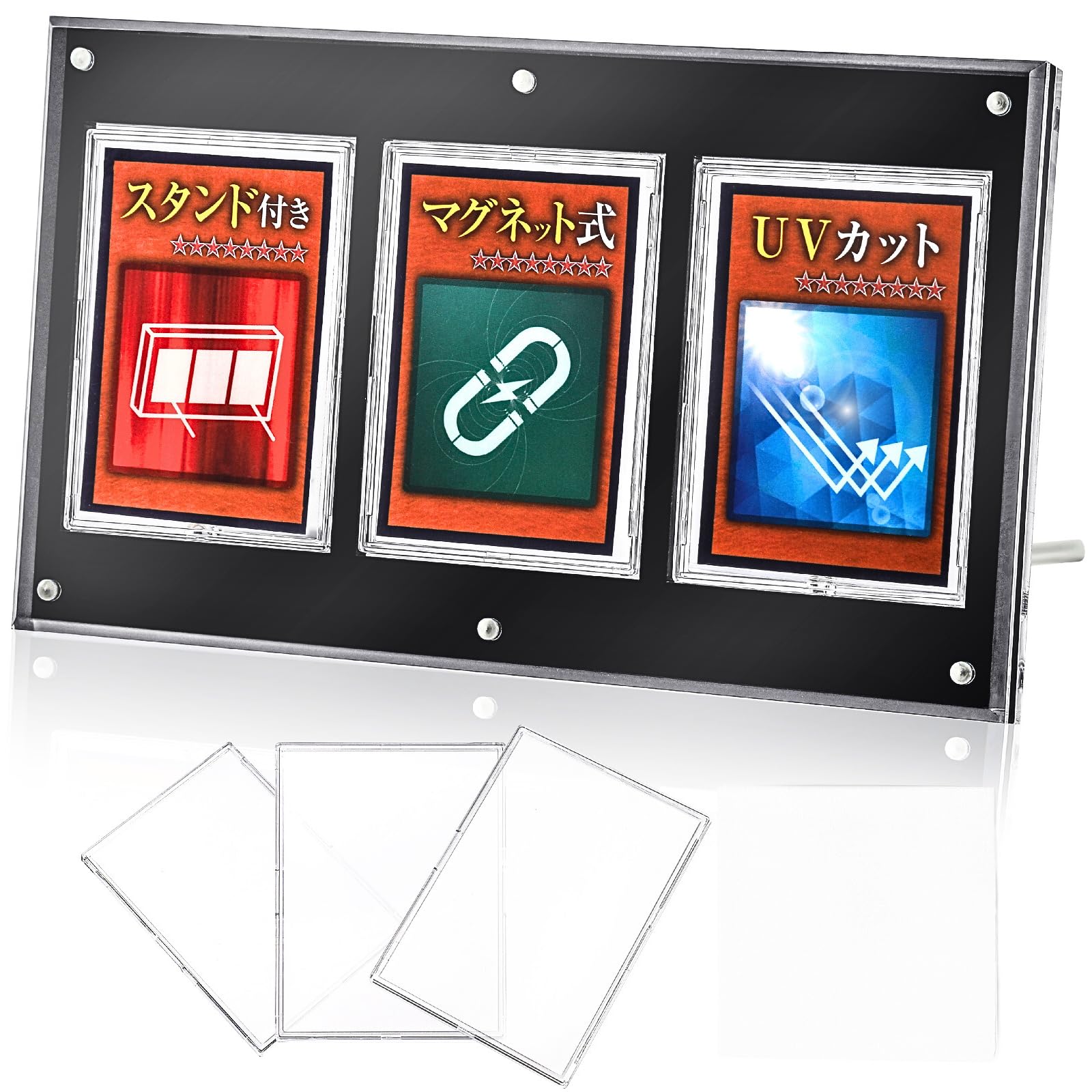 

Акриловый магнитный дисплей-кейс Honpo с подставкой Кейс для карточек для коллекционных карточек Вмещает 3 [толщиной 1,8 см, высококачественные характеристики] На винтах, с защитой от УФ-лучей чёрный