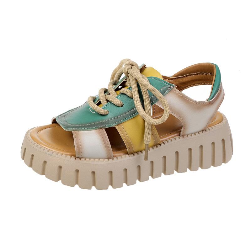 

Summer new color matching women s shoes retro thick-soled hollowed-out Roman women s sandals casual lace-up muffin sandals women 35 жёлтый
