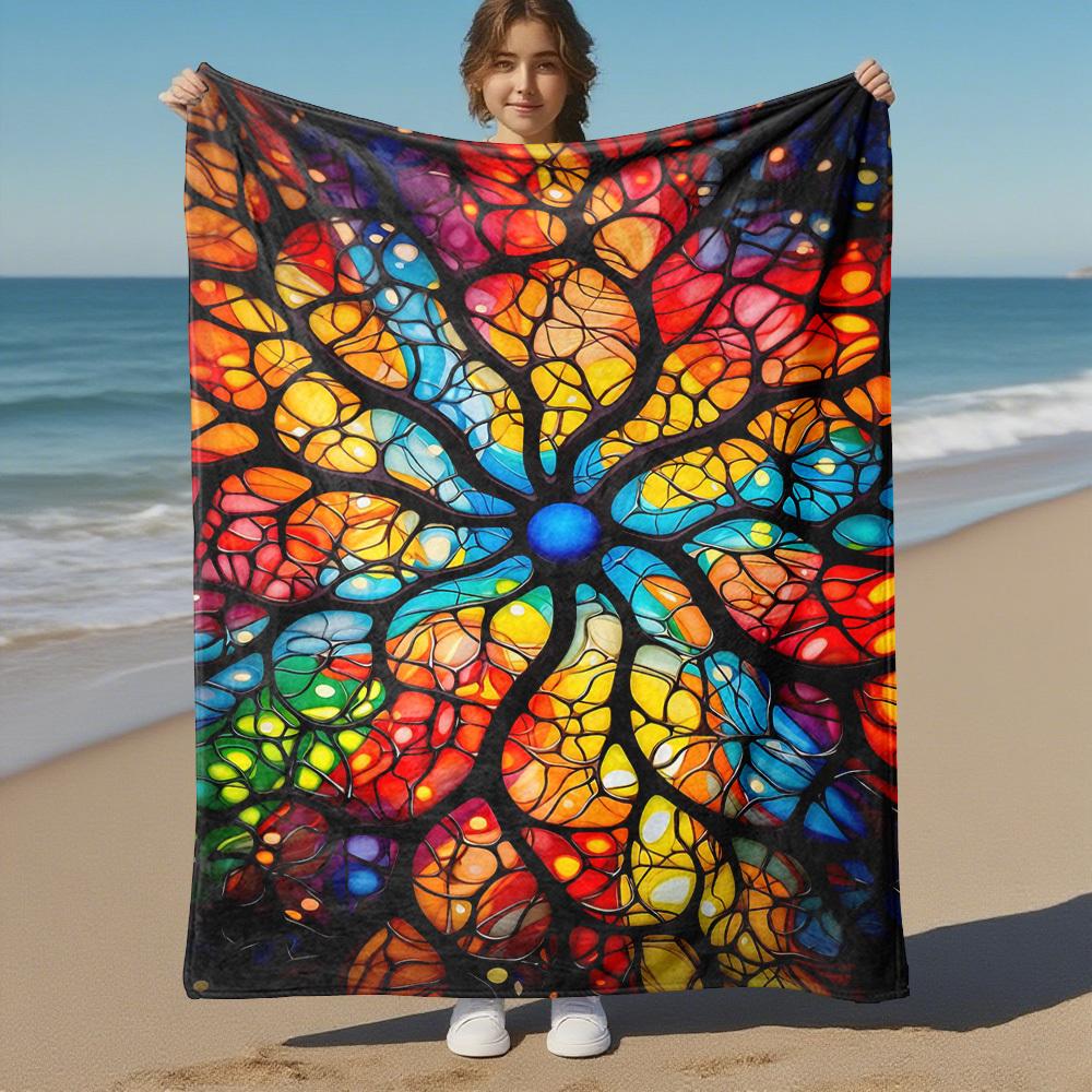1PC Tree of Life Stained GlassOutdoor Flannel Blanket - Soft Plush Decor for Picnics, camping, Bedroom, Playroom, Office, or Lunch Break 1325A