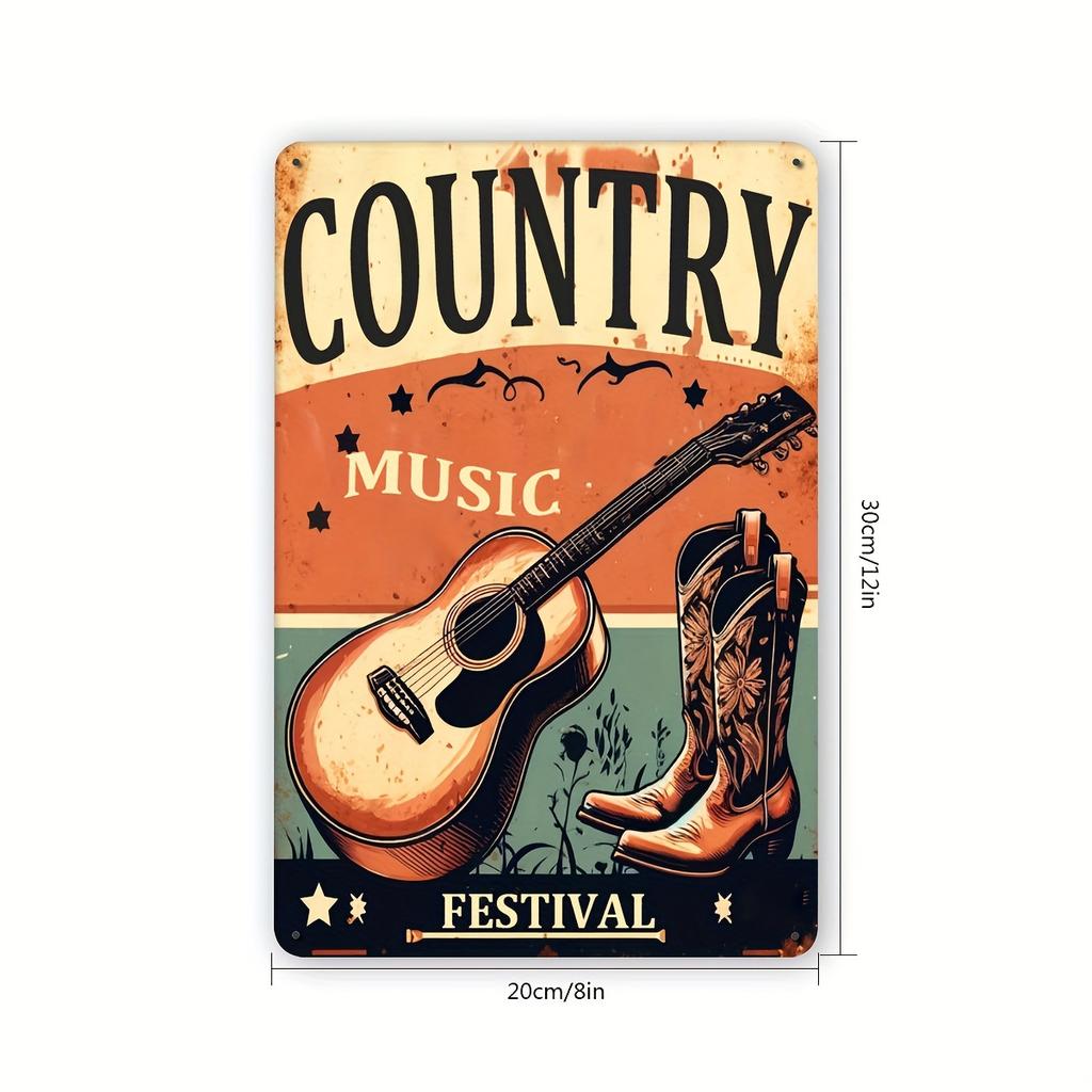 Hisun Tin Sign HD Tin Sign Country Music Festival Vintage Guitar Cowboy Boots Metal Poster Retro Wall Art for Bar Home Decor