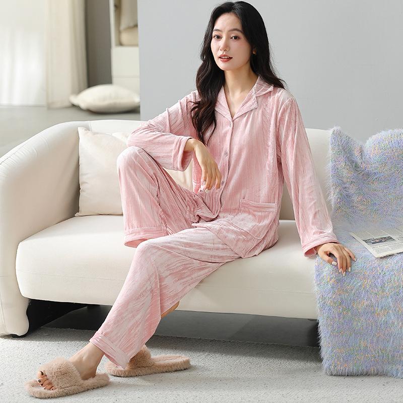 

Golden velvet couple pajamas autumn and winter men s and women s new velvet warm thin velvet long-sleeved loungewear set M