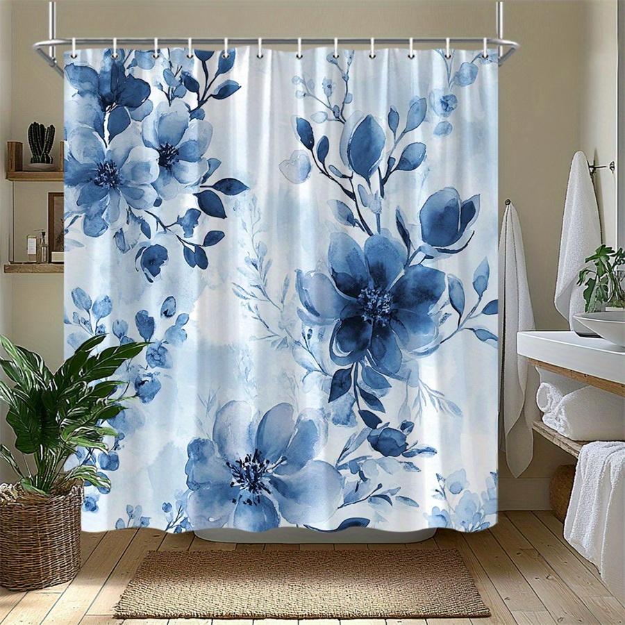1pc Blue and white floral patterned shower curtain, polyester fabric, machine washable, suitable for bathroom décor.