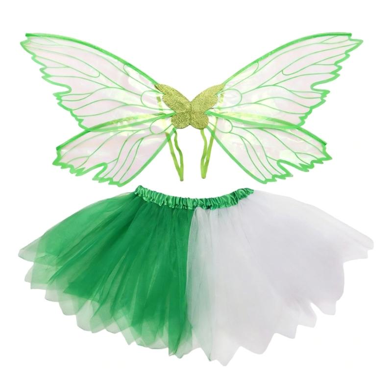 Multi-layer Fairies Wing Tulle Costume Set for Girls Halloween Cosplay Outfit with 3D Wing Costumes Accessory