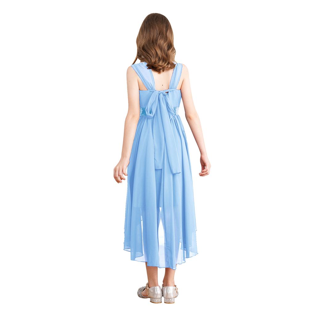 Girls Elegant Sequin Party Dress Ruched Design Sleeveless High Low Hem Chiffon Material Birthday Dress