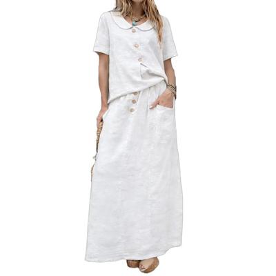 Women's 2 Piece Skirt Set Cotton Linen Short Sleeve Top And Maxi Skirt Matching Sets Summer Casual Vacation Outfits with Pockets