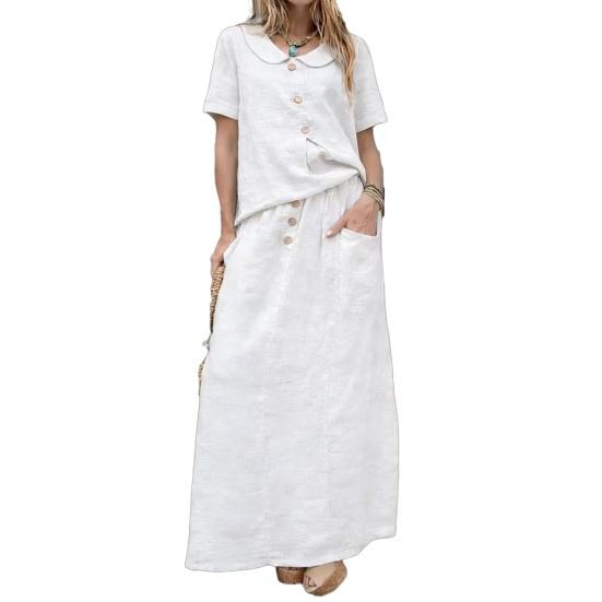 Women's 2 Piece Skirt Set Cotton Linen Short Sleeve Top And Maxi Skirt Matching Sets Summer Casual Vacation Outfits with Pockets