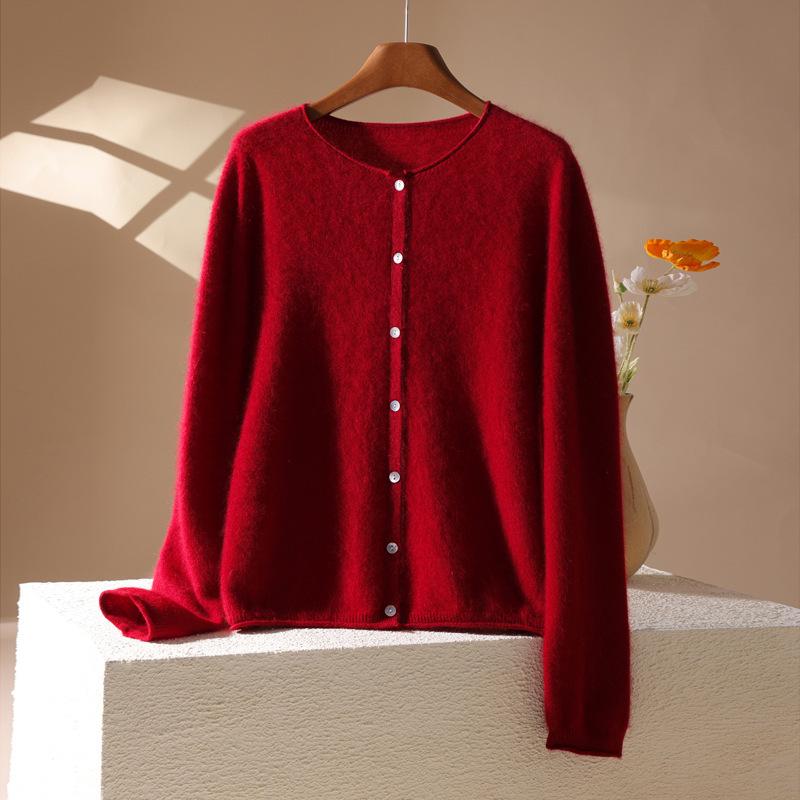 2026 Autumn/Winter Women's Long Sleeve Cashmere Wool Cardigan - Round Neck, Rolled Edge, Solid Color Flocked Sweater