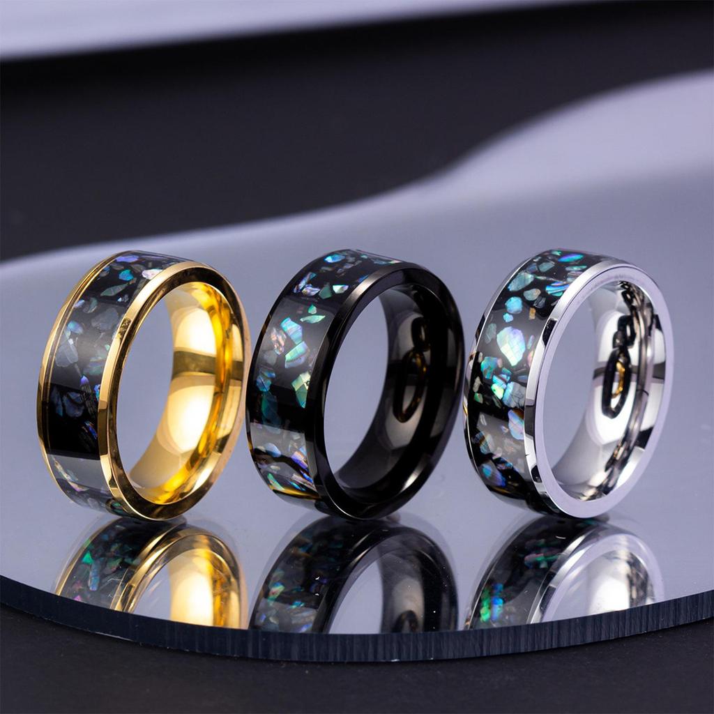 Men's 8mm Titanium Steel Ring with Faux Abalone Shell Inlay - Wedding Band