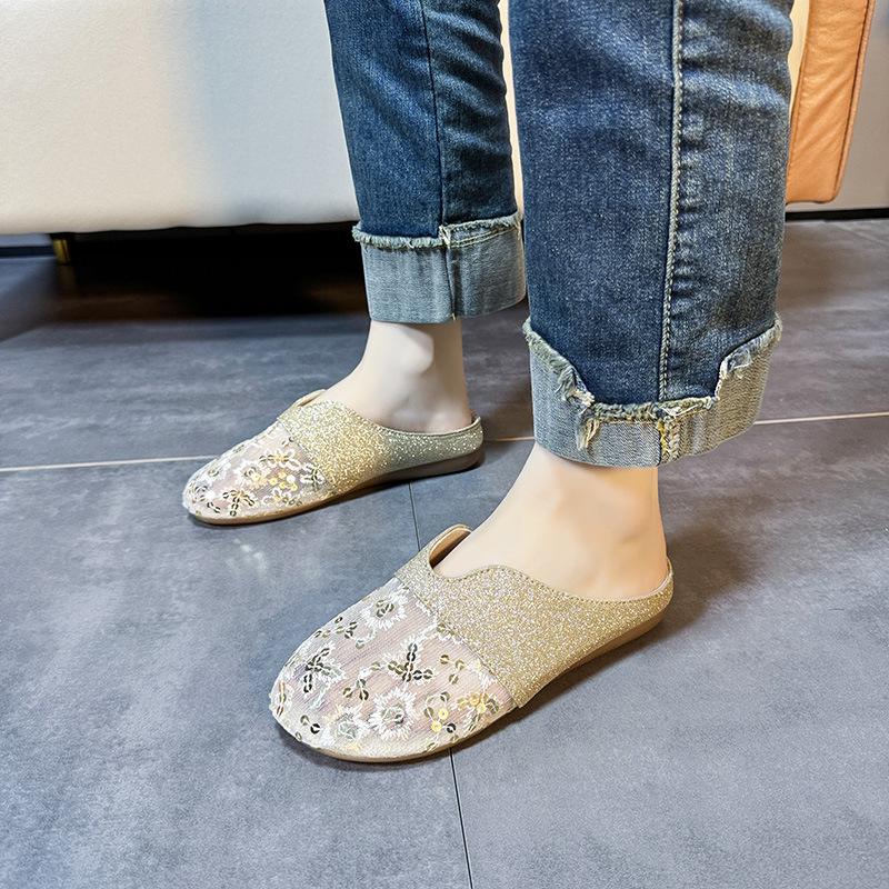 Fashion Round-toed Padded Mesh Half-slipper for Women In 2025 Summer Low-heeled Flat-bottomed, Lazy Person, Hollowed-out Women Slippers