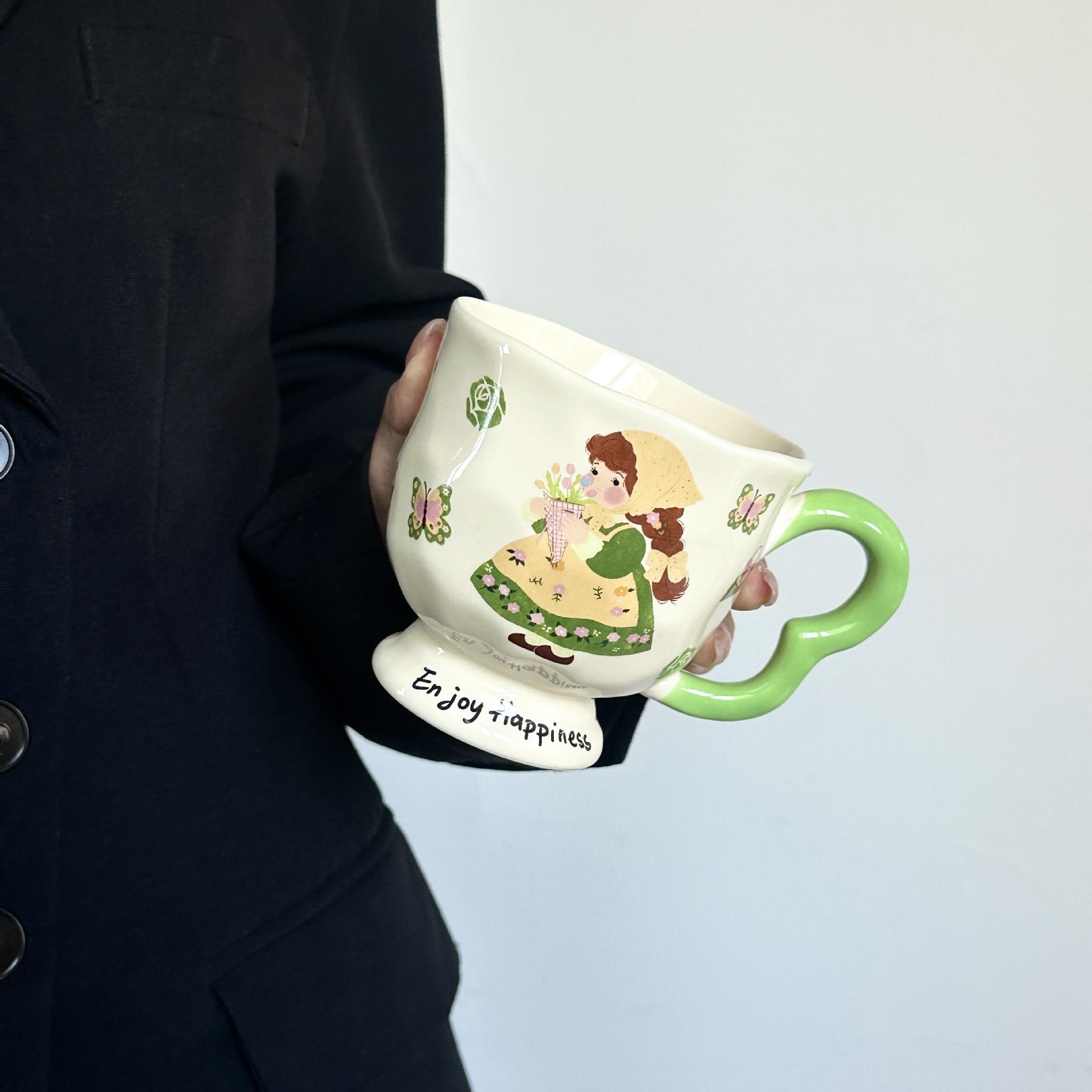 

Wind Ceramic Mug with Lid with Spoon Couple Household Drinking Water Cup Breakfast Coffee Cup Practical Souvenir Gift 301-400ml