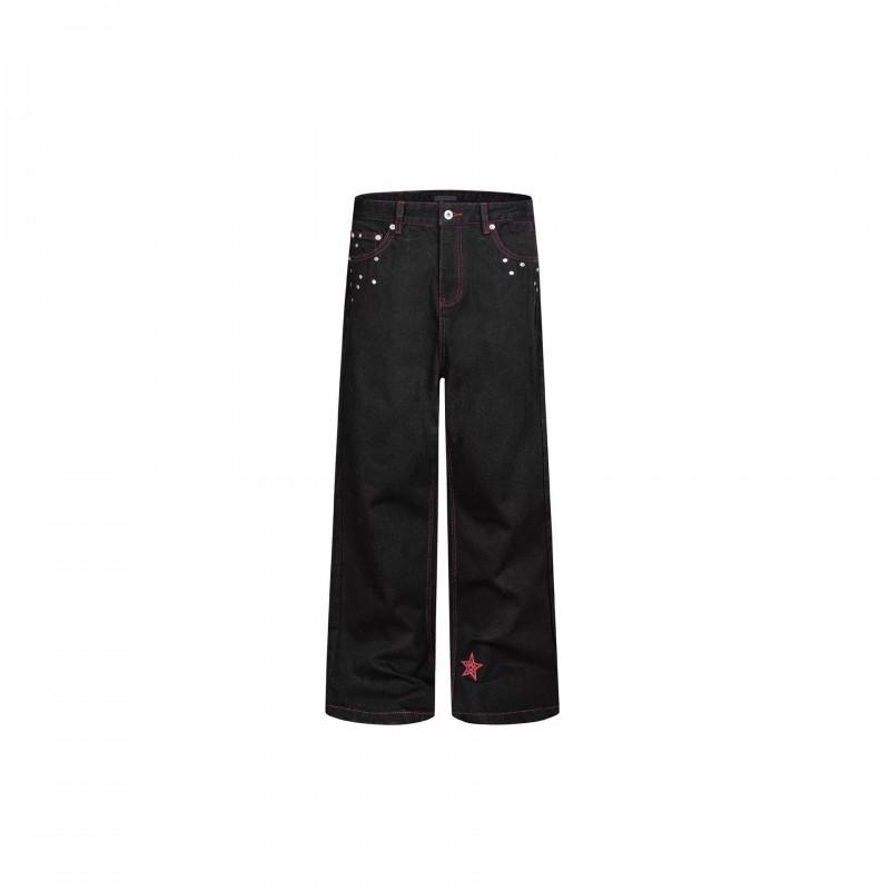 Mens Relaxed Straight Leg Jeans American Retro Red Line Star Embroidery Rivet Black Casual Denim Pants
