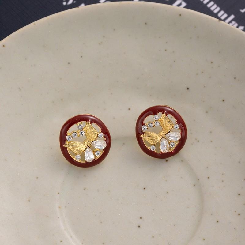 French Retro Round Butterfly Zircon Stud Earrings 925 Imitation Silver Needle High-End Earrings Fashion Temperament Versatile Earrings