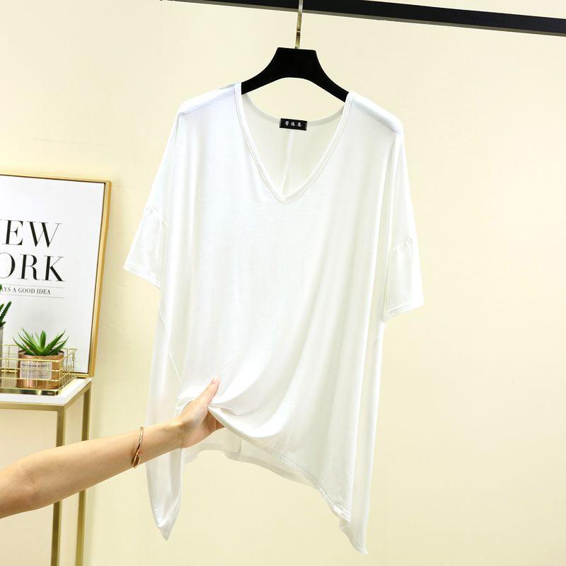 

Modal Large V-neck Loose T-shirt Women s Summer Thin and All-Matching Plus Size Tops Inner Wear Casual Pure Color Bottoming Shirt White L (Recommendation 45.00 kg-60.00 kg